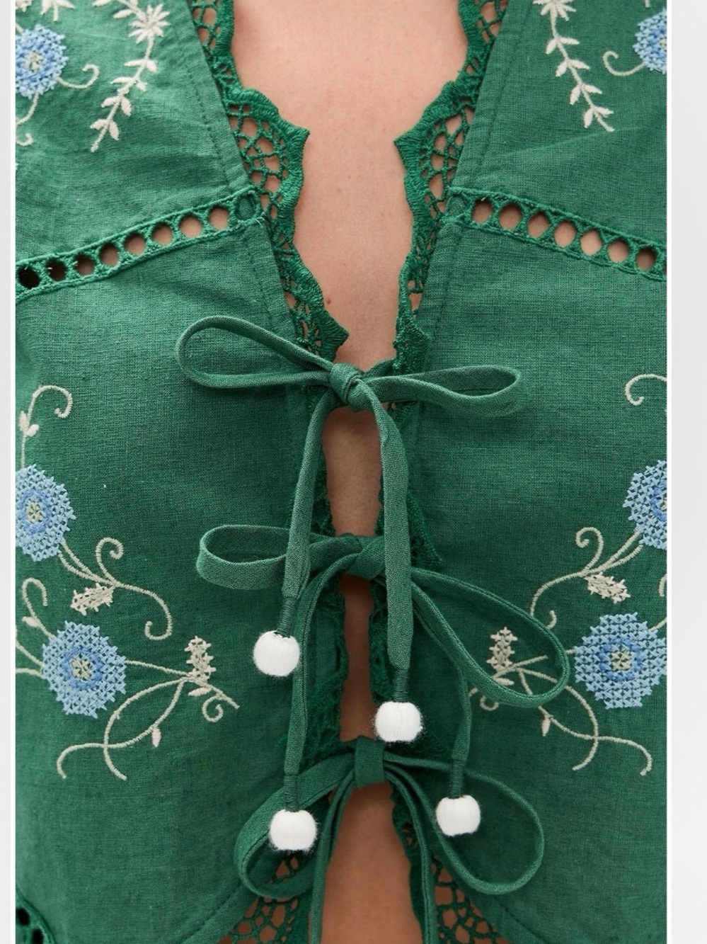 NWT Cotton/Linen Green Embroidered Tie Front Top - Picture 5 of 12
